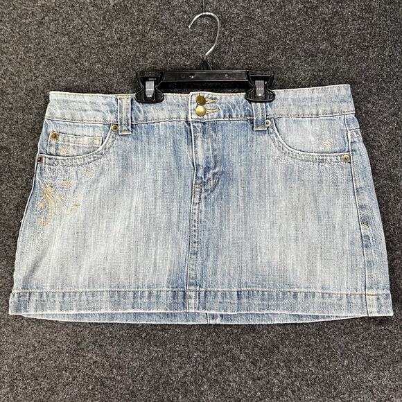 Vintage 2000s Y2K Low Rise Denim Micro Mini Skirt Embroidered Retro Festival 34" - Picture 1 of 9